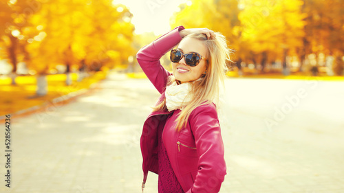 Portrait of beautiful smiling blonde woman wearing scarf, coat in yellow autumn park © rohappy