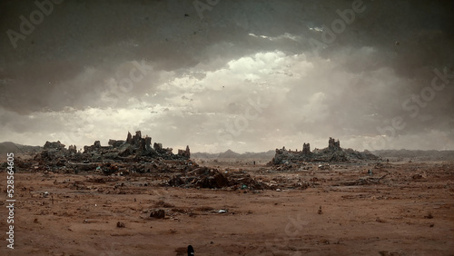 Abandoned City on Wasteland Apocalyptic Landscape Panoramic Art Illustration. Lost Desert Civilisation Scenery Game Environment Background. CG Digital Painting AI Neural Network Computer Generated Art