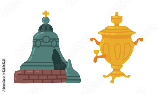 Huge Tsar Bell and Samovar Metal Pot as Russian Symbol Vector Set