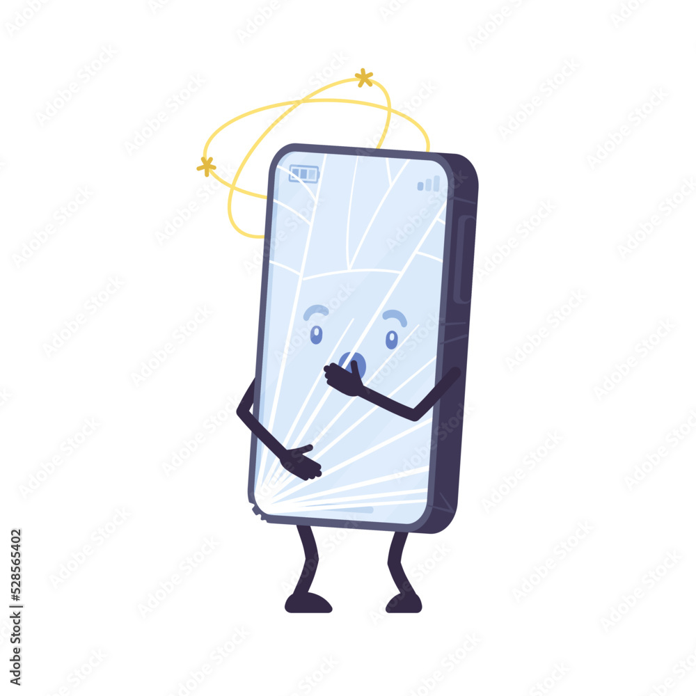 Smartphone cartoon character, smashed phone screen. Cracked damaged