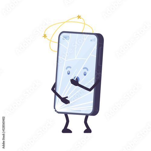 Smartphone cartoon character, smashed phone screen. Cracked damaged touchscreen, not working gadget, broken device after accident, telephone display glass hit. Vector flat style illustration