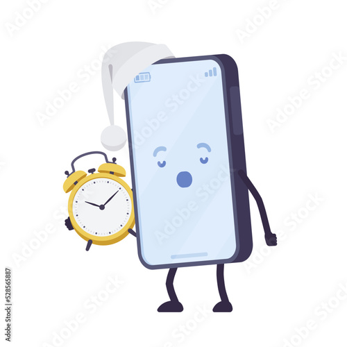 Smartphone cartoon character, alarm clock app. Setting alarms to wake up, add timers, run stopwatch, current time application, sleep schedule service to turn off phone. Vector flat style illustration