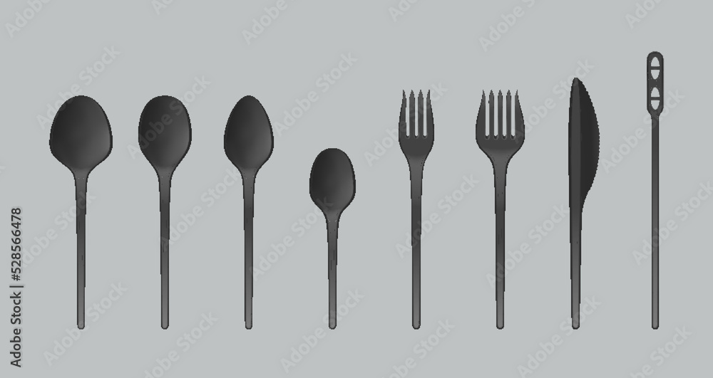 Fototapeta premium Disposable plastic spoon, fork and knife cutlery. Realistic black plastic party or picnic tableware