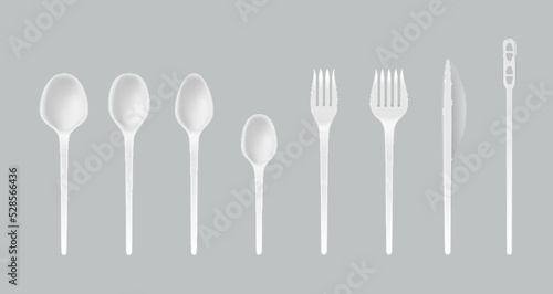 Realistic white plastic cutlery fork  knife  spoon  teaspoon  utensil. Disposable kitchen equipment