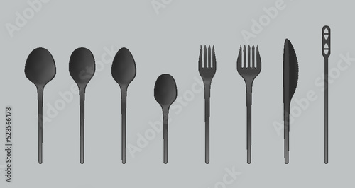 Disposable plastic spoon  fork and knife cutlery. Realistic black plastic party or picnic tableware