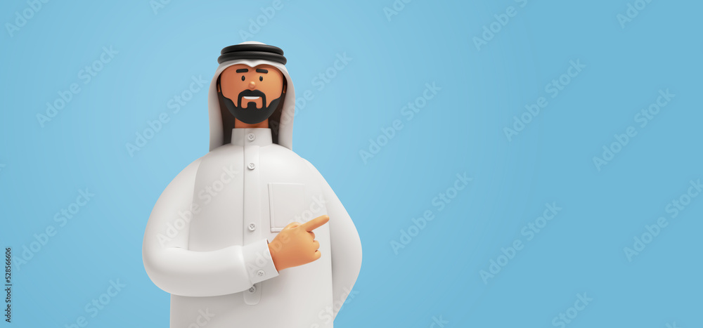 3d render, cartoon character arab man with beard wears traditional white clothes shows direction with hand. Business clip art isolated on light blue background. Advice concept 3d render, cartoon character arab man with beard wears traditional white clothes shows direction with hand. Business clip art isolated on light blue background. Advice concept