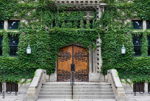 Entrance to gothic style old stone college building covered in ivy photo
