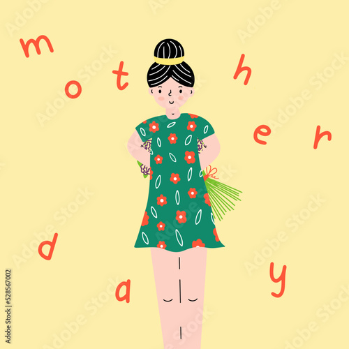 A mother's Day card with a cute girl holding a bouquet of flowers behind her back. Vector illustration
