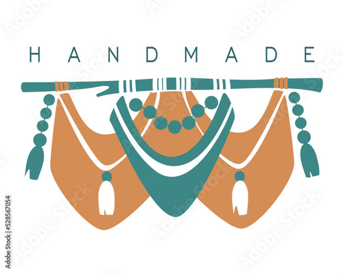 Macrame bohemian wall hanging drawing logo. Handmade icon. Vector illustration template design.