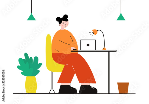 The flat girl works at the computer in the office. Vector illustration