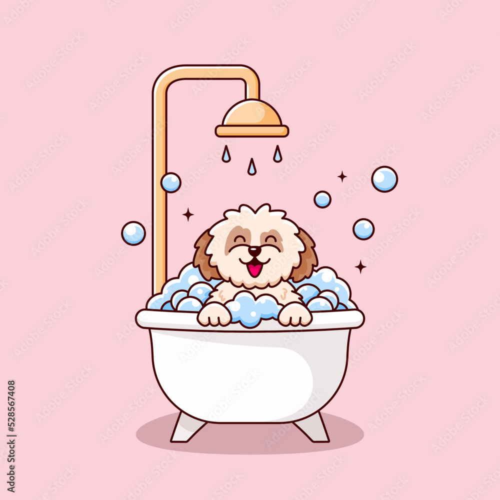 Cute shih tzu dog taking bath. Dog bath. Doggy wash in bathroom. Bubble