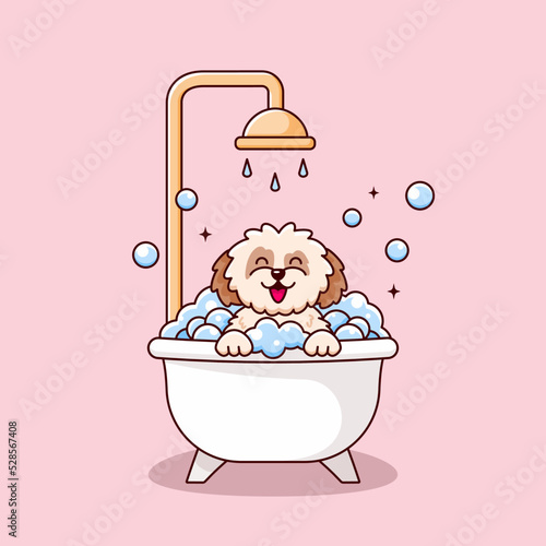Cute shih tzu dog taking bath. Dog bath. Doggy wash in bathroom. Bubble bath for puppy. Domestic animal cleaning. Vector illustration with cartoon character on pink background