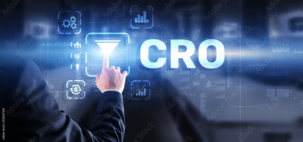 Conversion Rate Optimization. CRO Technology Finance concept Businessman pressing on a virtual screen Conversion Rate Optimization. CRO Technology Finance concept Businessman pressing on a virtual screen