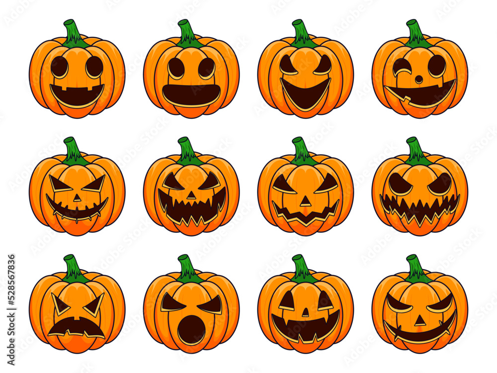 Happy Halloween outline drawing collection cartoon pumpkins. Pumpkins isolated. Main symbol Happy Halloween holiday. Collection orange pumpkins with scary spooky smile Halloween. Happy Halloween outline drawing collection cartoon pumpkins. Pumpkins isolated. Main symbol Happy Halloween holiday. Collection orange pumpkins with scary spooky smile Halloween.