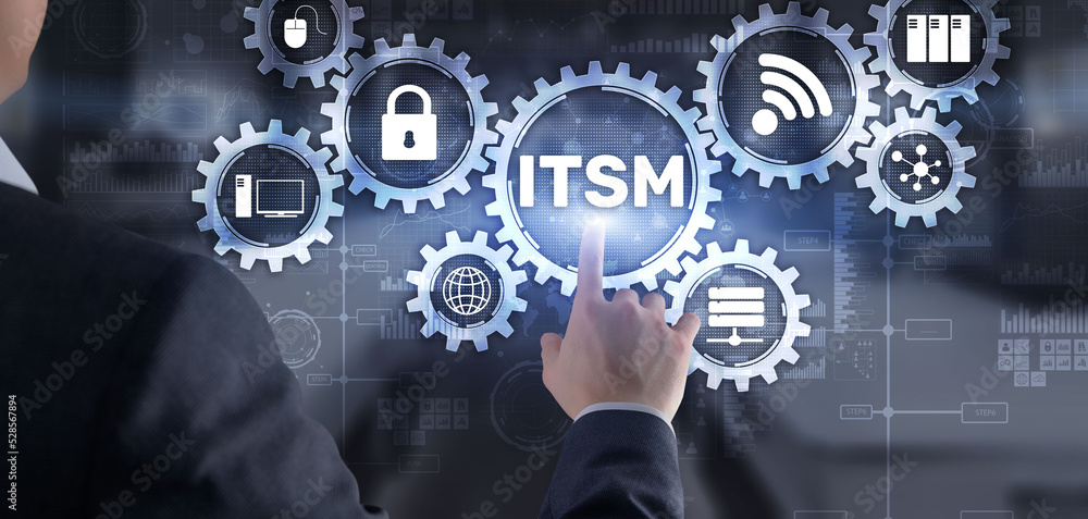 ITSM. Businessman pressing virtual screen IT Service Management. Concept for information technology service management ITSM. Businessman pressing virtual screen IT Service Management. Concept for information technology service management