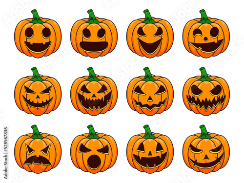 Happy Halloween outline drawing collection cartoon pumpkins. Pumpkins isolated. Main symbol Happy Halloween holiday. Collection orange pumpkins with scary spooky smile Halloween.