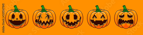 Happy Halloween outline drawing cartoon pumpkins. Main symbol of Happy Halloween holiday. Orange pumpkins with scary smile Halloween. Horizontal holiday poster, header for website.