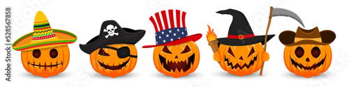 Happy Halloween banner. International Pumpkins isolated. Mexican, pirates, american, witch and cowboy Happy Halloween holiday. Orange pumpkins with scary smile Halloween.