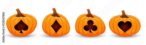 Halloween casino and poker banner. Gambling pumpkins. Suits decks of playing cards on halloween pumpkins.