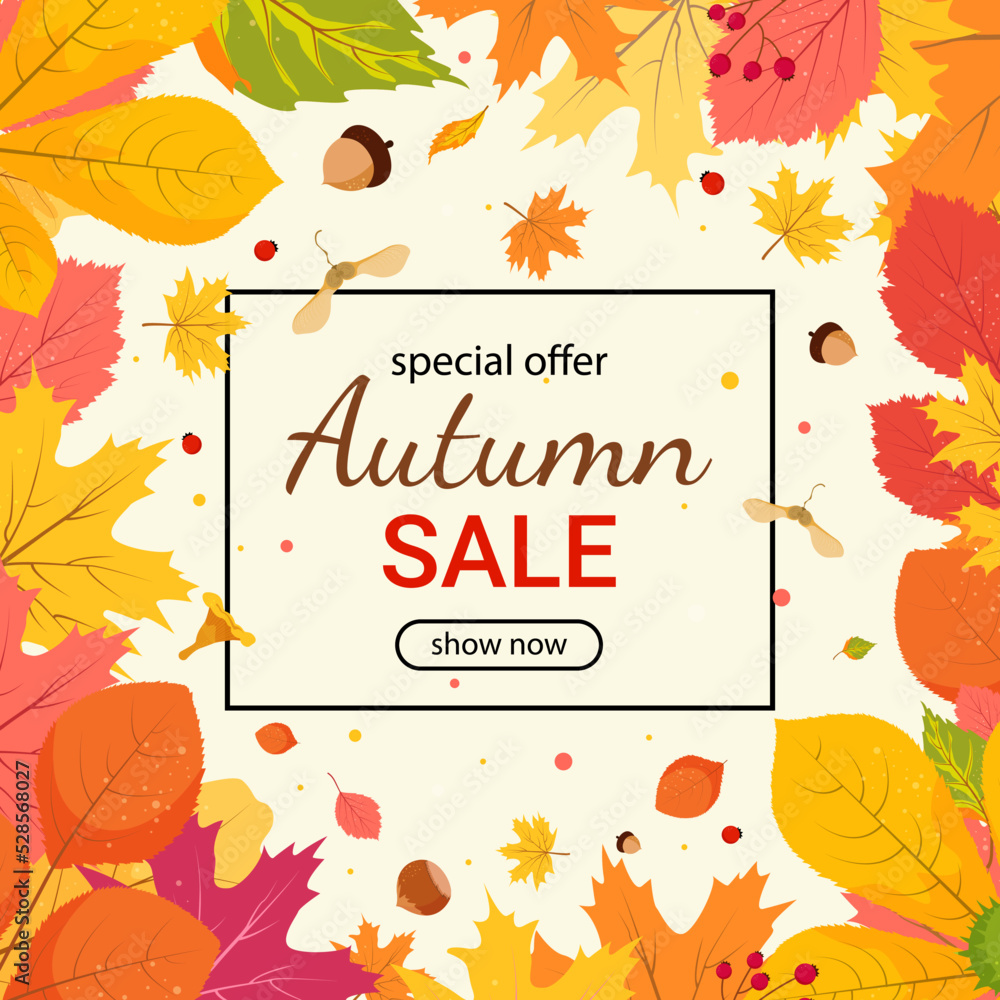 Autumn sale banner with autumn leaves. Cute vector illustration colorful template.