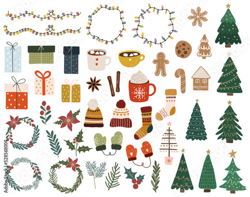 Christmas elements vector, Christmas illustration vector, New year banner, Abstract isolated Christmas items, Christmas food, drink, tree, decoration, light, clothes, gift, New year collection