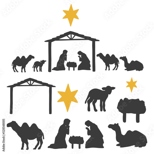 Bethlehem vector set, Bethlehem Christmas elements, Christmas nativity silhouette, Nativity items isolated, Jesus was born vector illustration