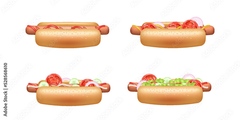 Hot dog with mustard and ketchup on white background. Hotdogs set with tomato, onion and lettuce Hot dog with mustard and ketchup on white background. Hotdogs set with tomato, onion and lettuce
