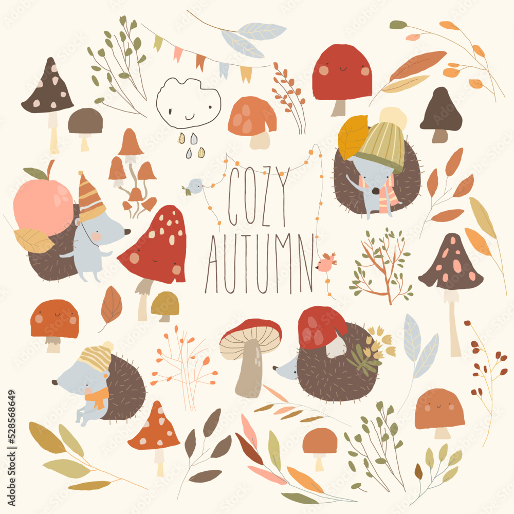 Cartoon Set with Cute Hedgehogs, Mushrooms and Colorful Autumnal Leaves Cartoon Set with Cute Hedgehogs, Mushrooms and Colorful Autumnal Leaves