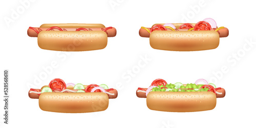 Hot dog with mustard and ketchup on white background. Hotdogs set with tomato, onion and lettuce