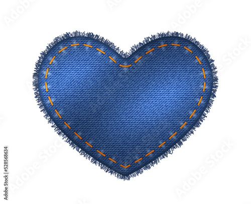 Heart shape patch of blue jeans denim texture. Realistic sturdy cotton twill fabric of jeans label