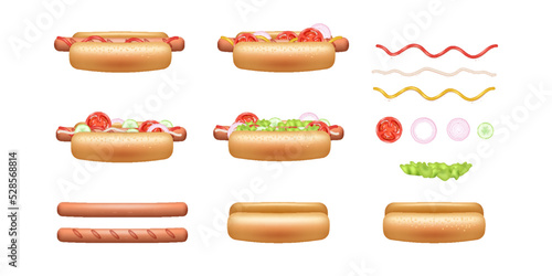 Realistic hot dog set. Cooked sandwich with grilled sausage, bun, vegetables and sauce, product icon