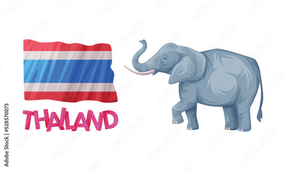Naklejka premium Elephant and Waving Flag as Thailand Symbol and Famous Object Vector Set