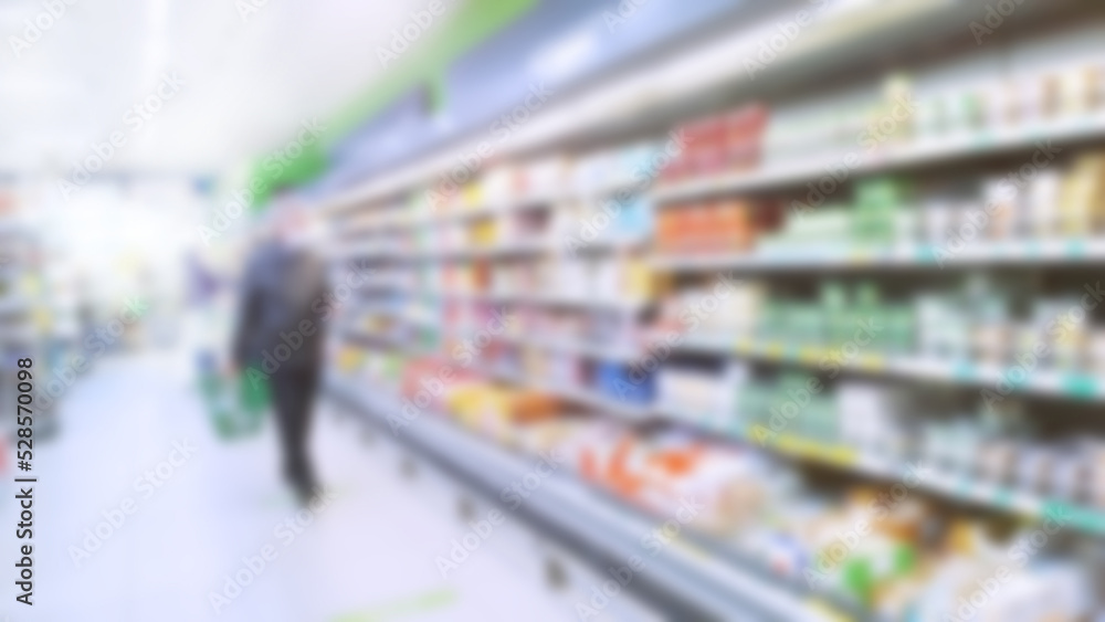 Abstract blur image of supermarket background. Defocused shelves with dairy products. Grocery. Retail industry. Rack. Discount. Inflation and economic crisis concept. Aisle. CPG. Store. Recession. Abstract blur image of supermarket background. Defocused shelves with dairy products. Grocery. Retail industry. Rack. Discount. Inflation and economic crisis concept. Aisle. CPG. Store. Recession.