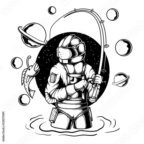 illustration of astronaut fishing in space with planet background and black hole coloring character