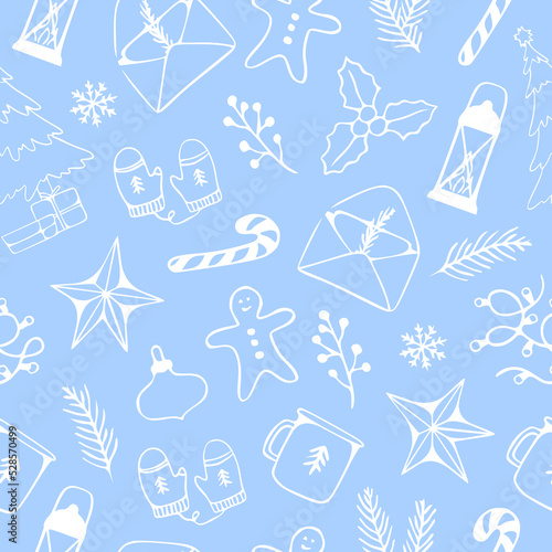 Seamless pattern of winter season, Christmas, New year, XMAS design on background, for holiday, celebration party, new year, print or wrapping paper. Line art style. Blue and white color
