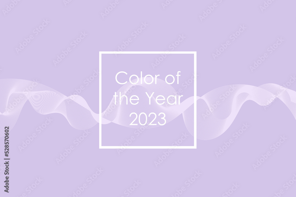 Pastel lavender wave horizontal design in trendy 2023 digital lavender color. Abstract wave design over violet. Curved wavy lines, horizontal illustration. Text on white frame Color of the Year 2023