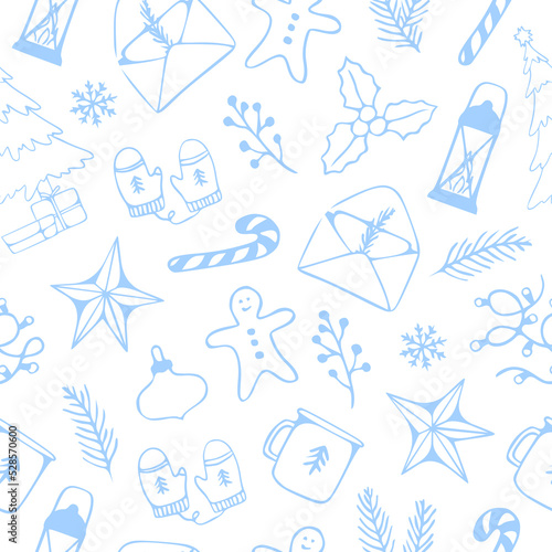 Seamless pattern of winter season, Christmas, New year, XMAS design on background, for holiday, celebration party, new year, print or wrapping paper. Line art style. Blue and white color