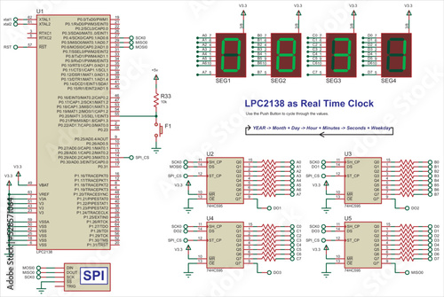 Vector electrical circuit. 
A real-time clock assembled on the basis of the LPC2138 microcontroller and
seven-segment indicators.
