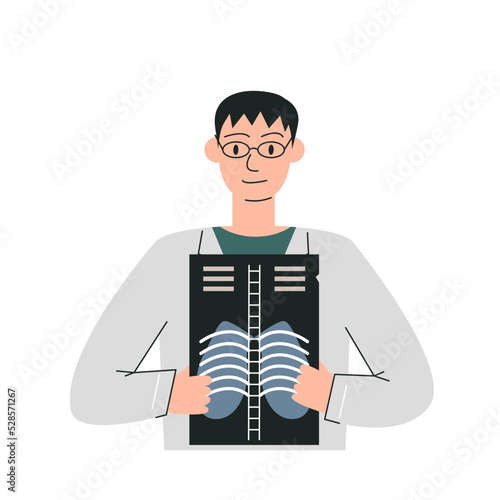 Male physician showing x ray image result. Doctor with chest radiography. Phthisiatrian holding x-ray examination. Medical diagnostics bones skeleton checkup. Hand drawn flat vector illustration