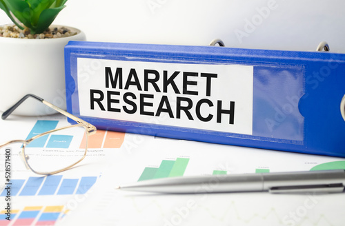 market research words on blue folder and charts
