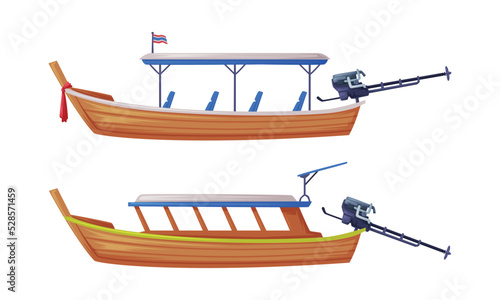 Wooden Long-tail Boat as Thailand Symbol and Famous Transport Vector Set