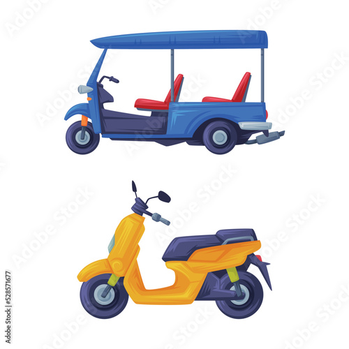 Auto Rickshaw and Motor Scooter as Thailand Symbol and Famous Urban Transport Vector Set