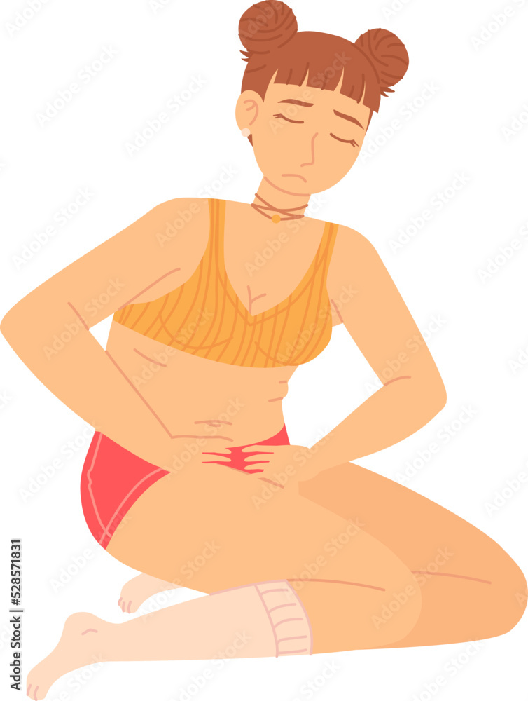 Yoing girl suffering from pms period pain. Woman sitting wirh hands on stomach. Sycke cramps concept. Yoing girl suffering from pms period pain. Woman sitting wirh hands on stomach. Sycke cramps concept.