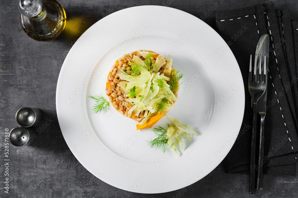 barley with pumpkin and fennel. a vegan dish barley with pumpkin and fennel. a vegan dish