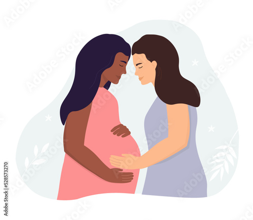 A couple of two girls expecting a baby. Pregnant woman, seven lesbians. Vector graphics.