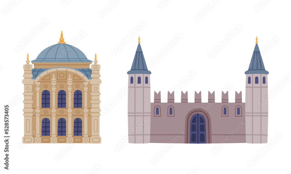Turkey Building with Topkapi Palace and Gate with Wall ad Attraction Place Vector Set Turkey Building with Topkapi Palace and Gate with Wall ad Attraction Place Vector Set