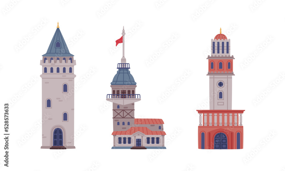 Galata and Maiden Tower as Turkey Building and Attraction Place Vector Set