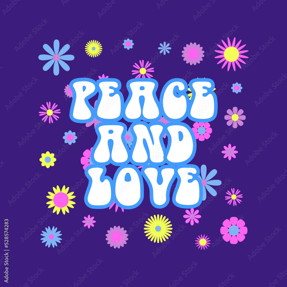 Vector trendy funny abstract retro 60s, 70s hippie groovy illustration Peace and Love with flowers for fashion art print, poster or card Vector trendy funny abstract retro 60s, 70s hippie groovy illustration Peace and Love with flowers for fashion art print, poster or card