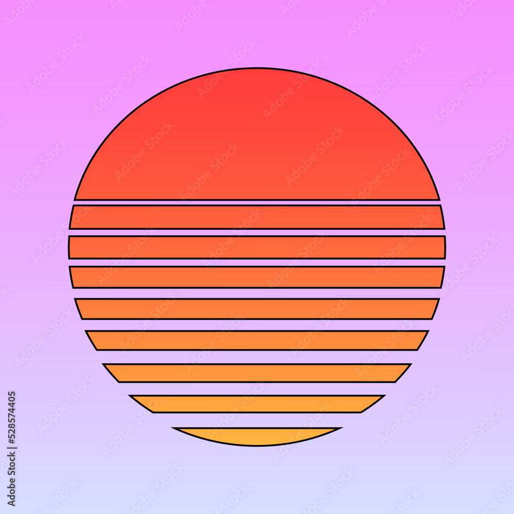 Vector illustration of retro sun in 80`s style. Retrowave, synthwave futuristic background with sunset. Trendy design for sci-fi, cyber abstract poster, print.