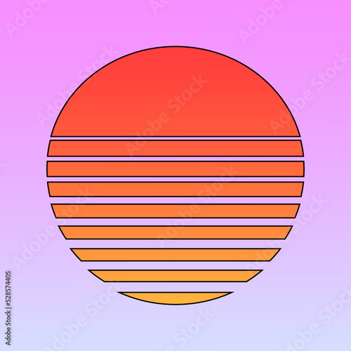 Vector illustration of retro sun in 80`s style. Retrowave, synthwave futuristic background with sunset. Trendy design for sci-fi, cyber abstract poster, print. © eireenz